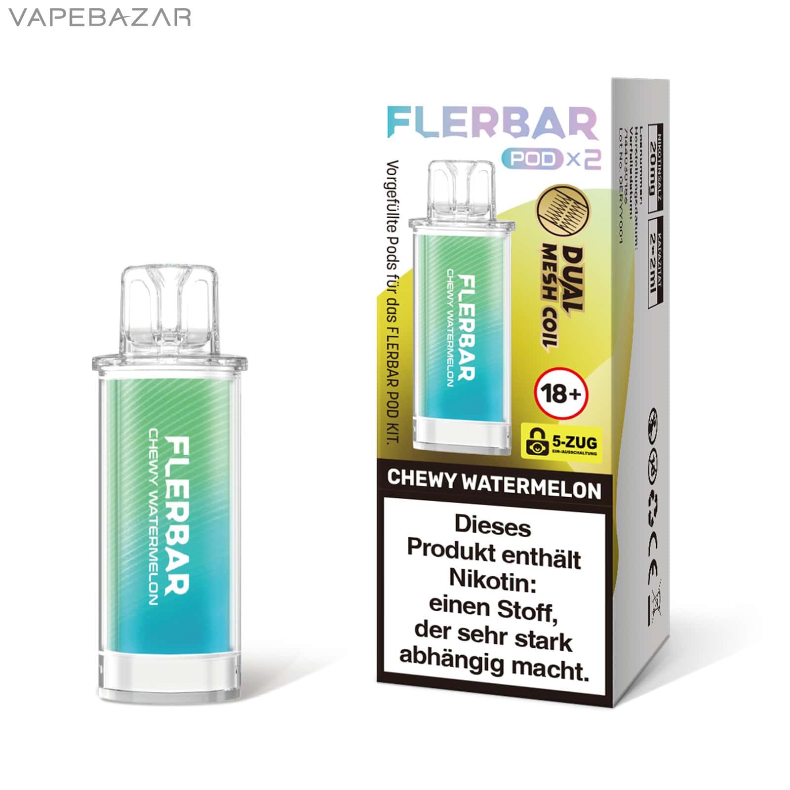 CHEWY WATERMELON 1 | Vapebazar Flerbar Pods - Chewy Watermelon – Prefilled Liquid Pod – 2Er Pack