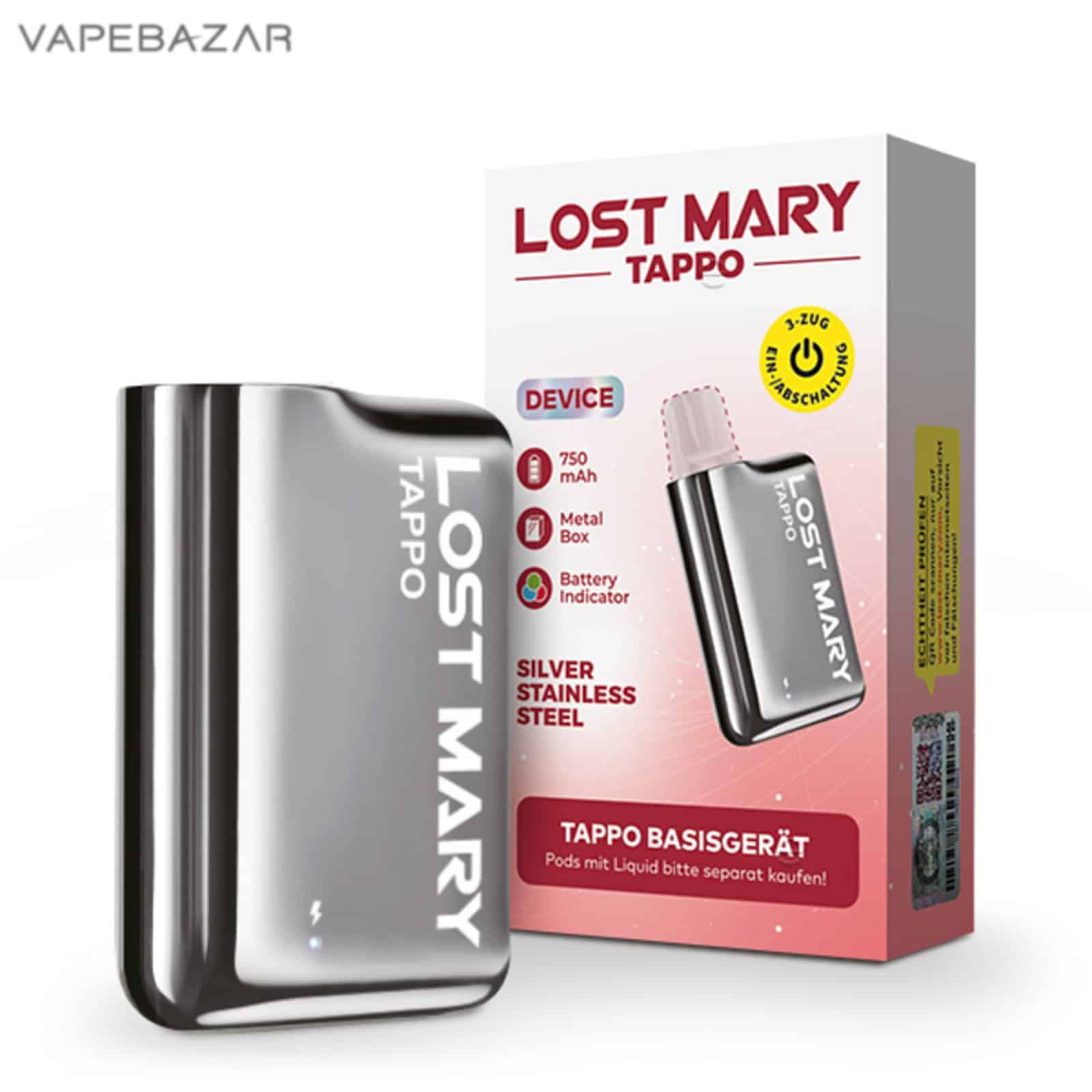 SilverStainlessSteel3 1 | Vapebazar Lost Mary Tappo Podsystem Kit - Silver Stainless Steel