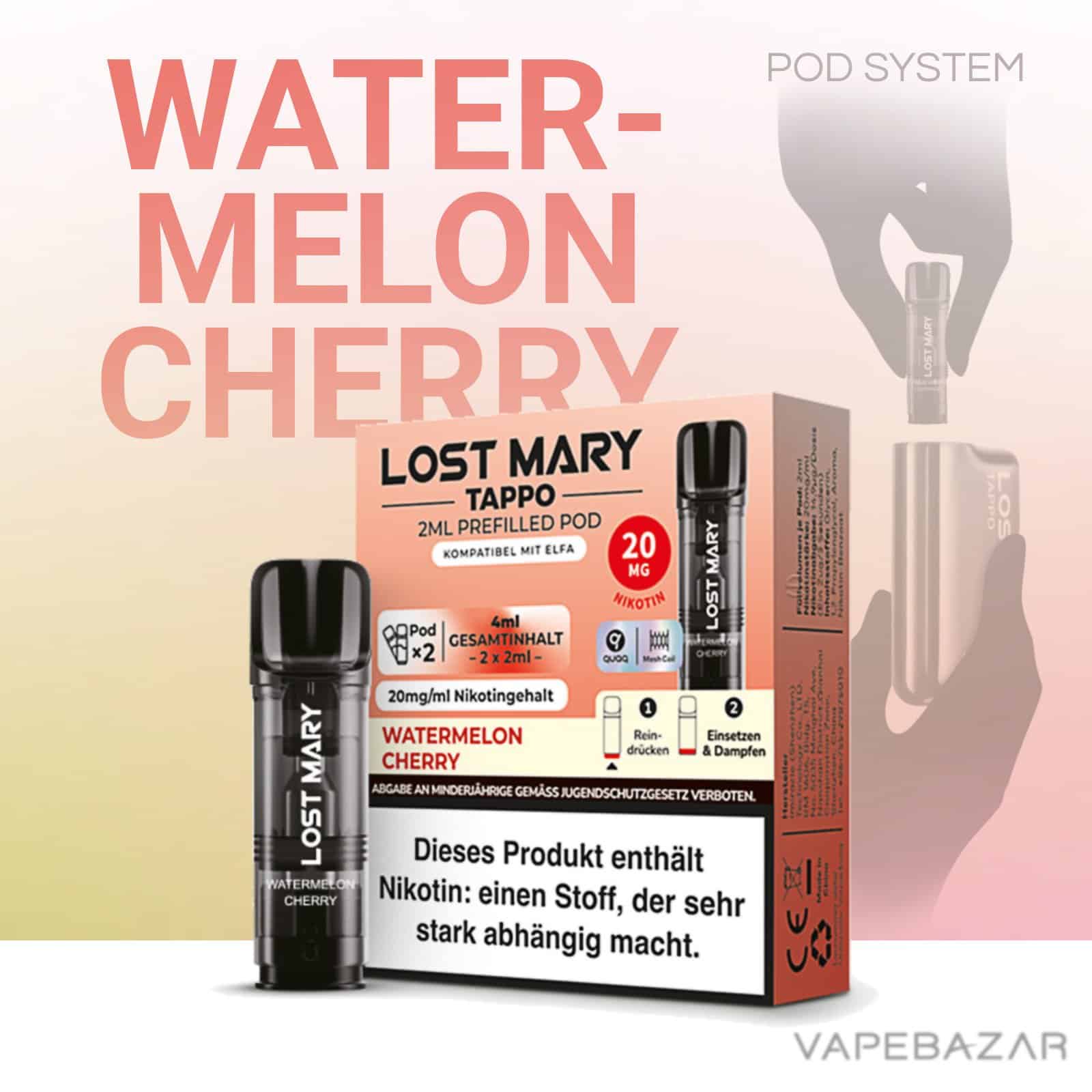 WatermelonCherry 1 1 | Vapebazar Lost Mary Tappo - Watermelon Cherry – Prefilled Liquid Pod – 2Er Pack
