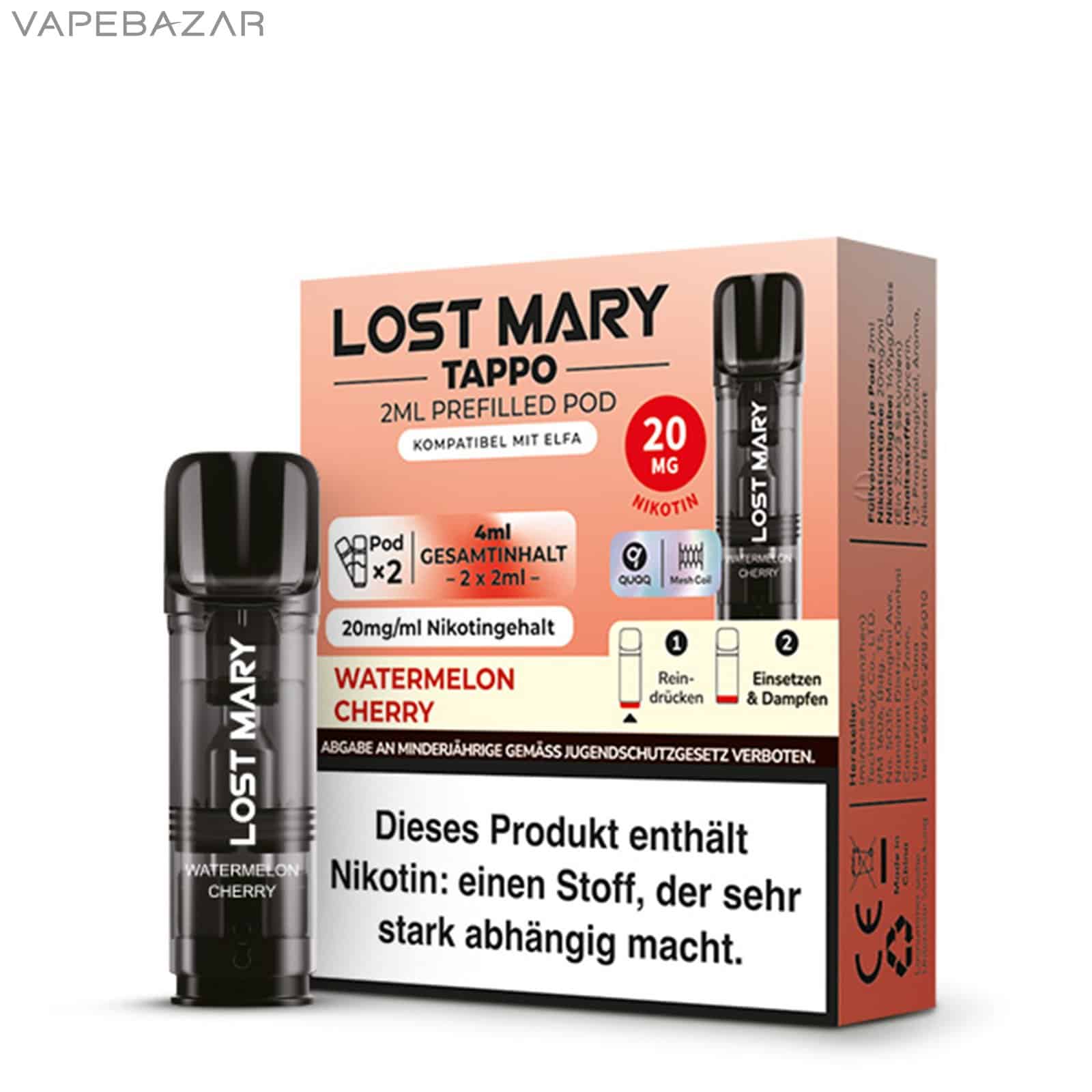 WatermelonCherry 1 2 | Vapebazar Lost Mary Tappo - Watermelon Cherry – Prefilled Liquid Pod – 2Er Pack