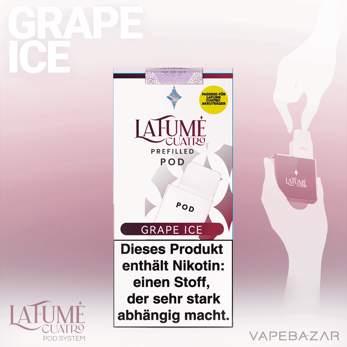 La Fume Cuatro Pod Grape Ice 02 | Vapebazar La Fume Cuatro – Grape Ice – Prefilled Liquid Pod – 2Er Pack