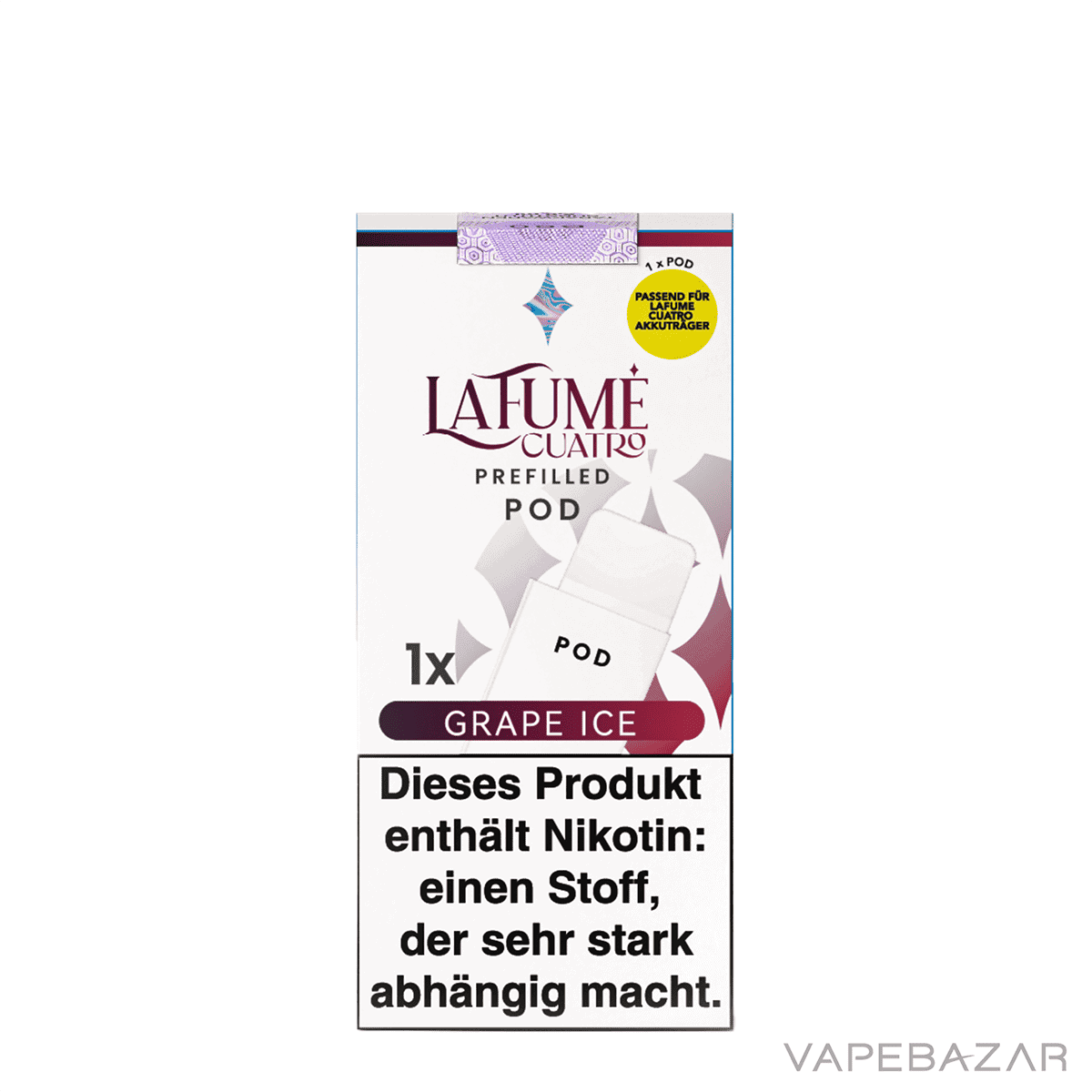 La Fume Cuatro Pod Grape Ice 03 | Vapebazar La Fume Cuatro – Grape Ice – Prefilled Liquid Pod – 2Er Pack