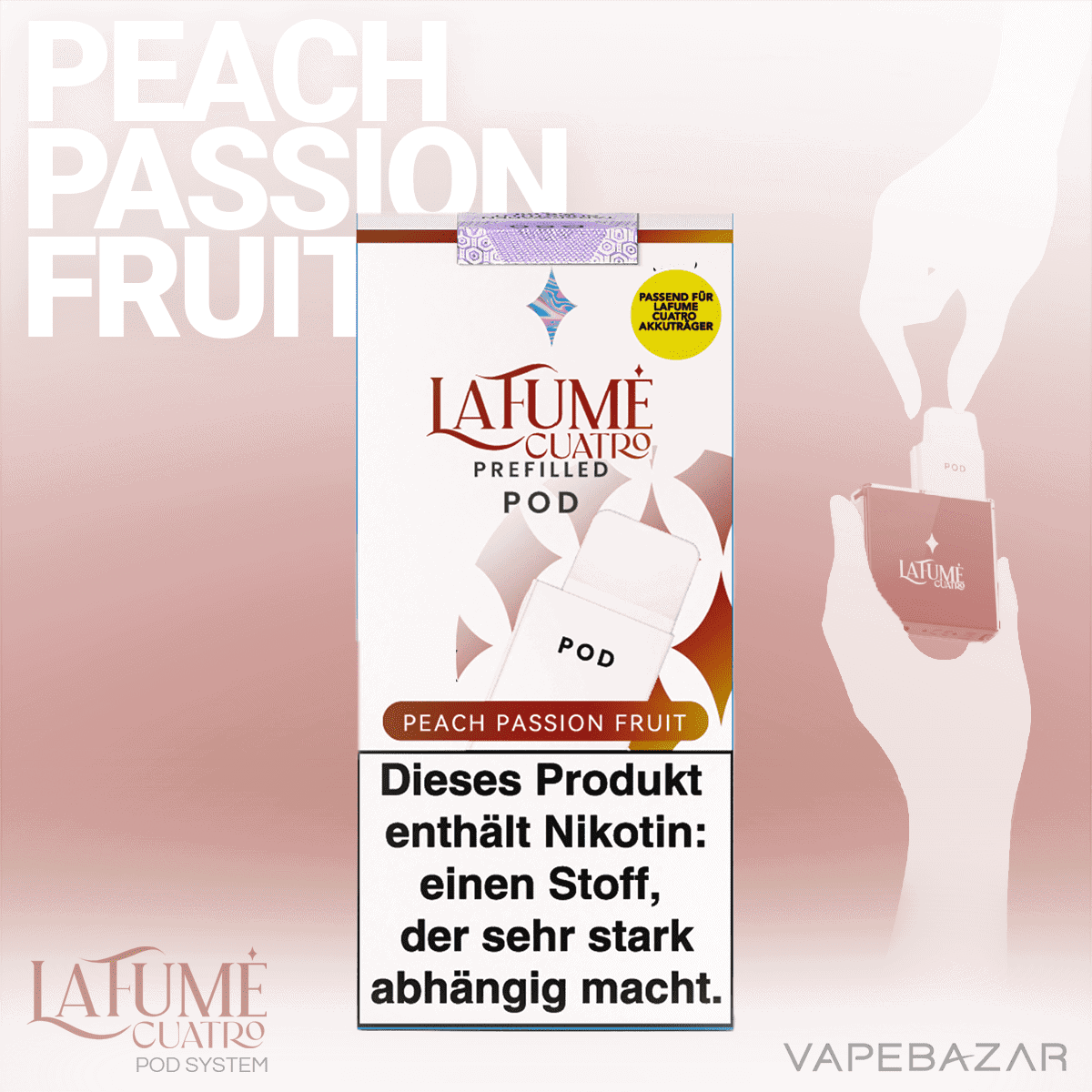 La Fume Cuatro Pod Peach Passion Fruit 02 | Vapebazar La Fume Cuatro – Peach Passion Fruit – Prefilled Liquid Pod – 2Er Pack
