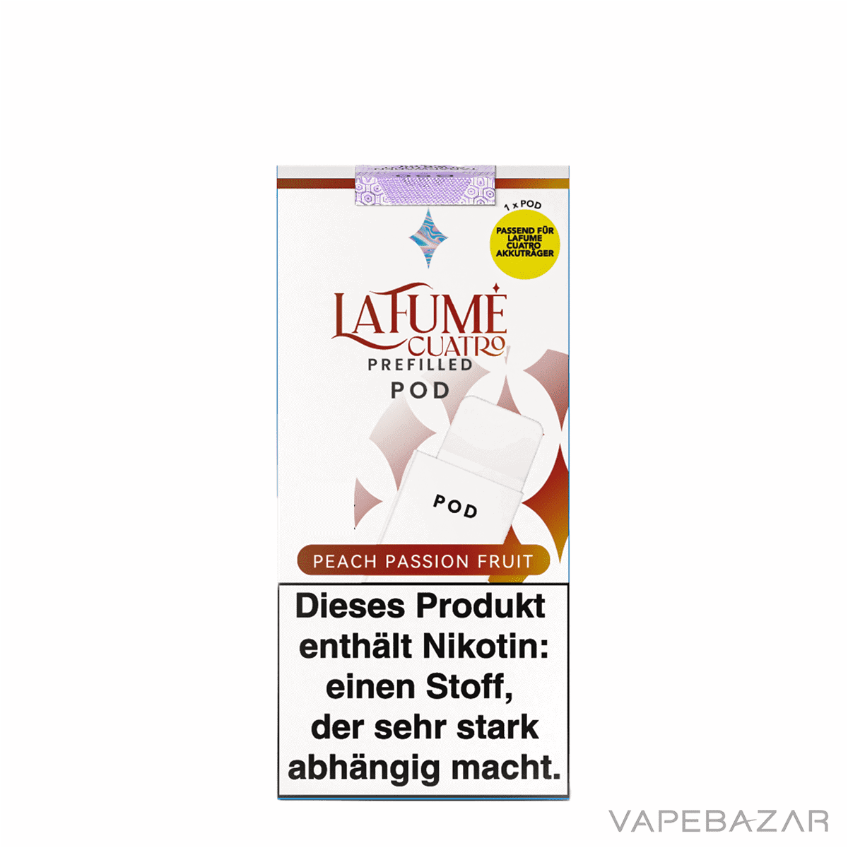 La Fume Cuatro Pod Peach Passion Fruit 03 | Vapebazar La Fume Cuatro – Peach Passion Fruit – Prefilled Liquid Pod – 2Er Pack