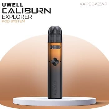 a black and gold device on a white surface UWELL Caliburn Explorer Podsystem - Orange and Black