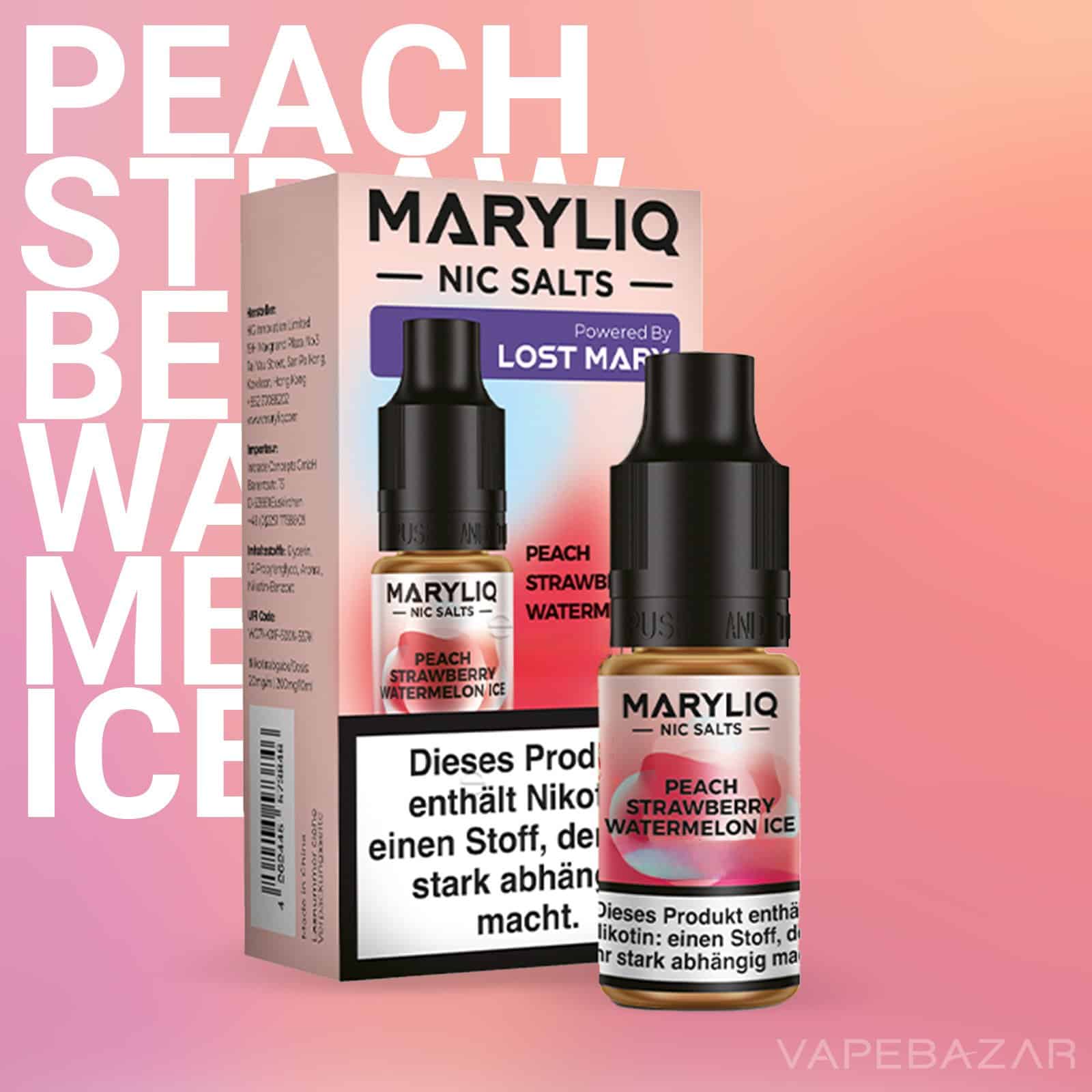 MARYLIQ by Lost Mary Nic Salt Peach Strawberry Watermelon Ice 02 | Vapebazar Maryliq By Lost Mary - Nic Salt - Peach Strawberry Watermelon Ice - Vapebazar