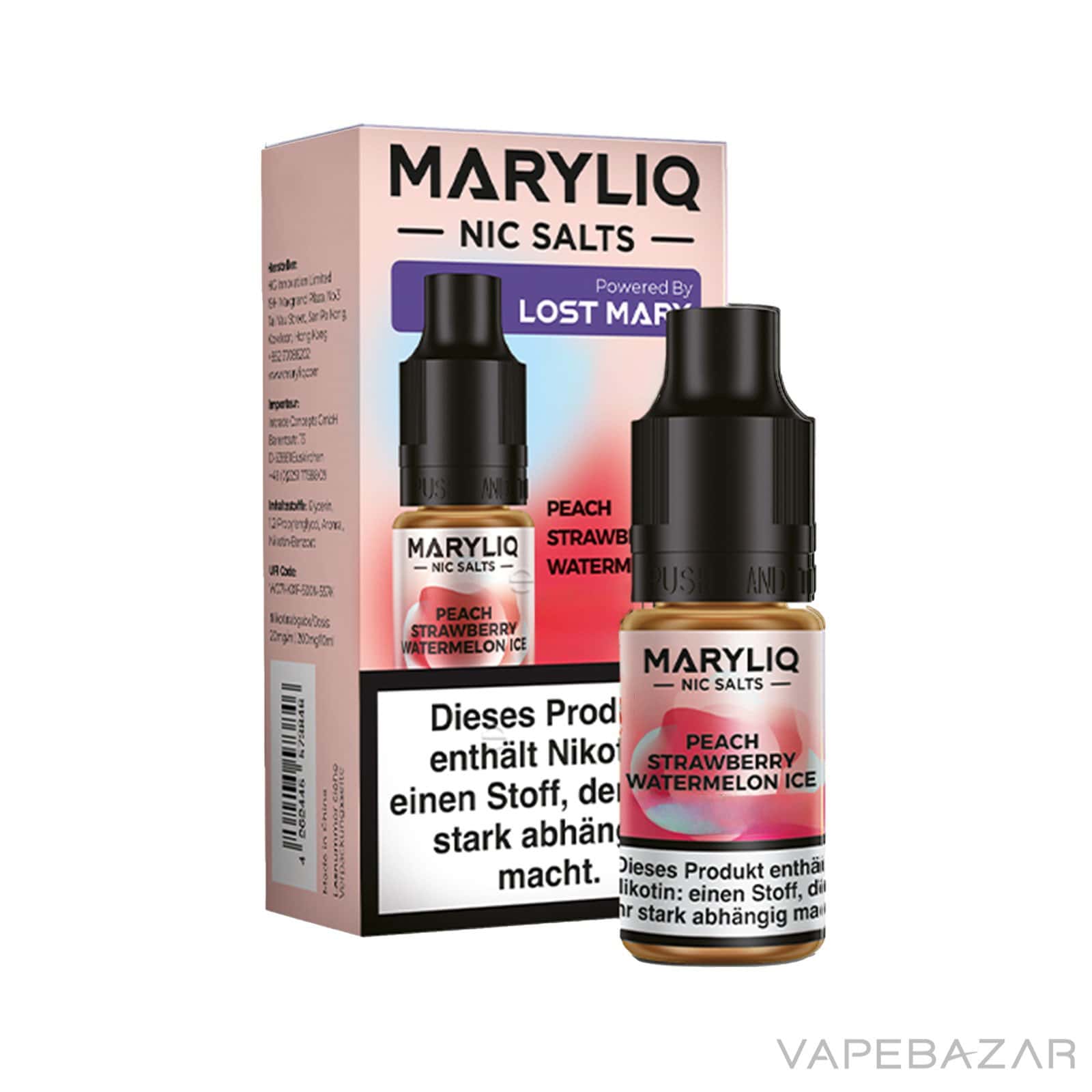 MARYLIQ by Lost Mary Nic Salt Peach Strawberry Watermelon Ice 03 | Vapebazar Maryliq By Lost Mary - Nic Salt - Peach Strawberry Watermelon Ice - Vapebazar