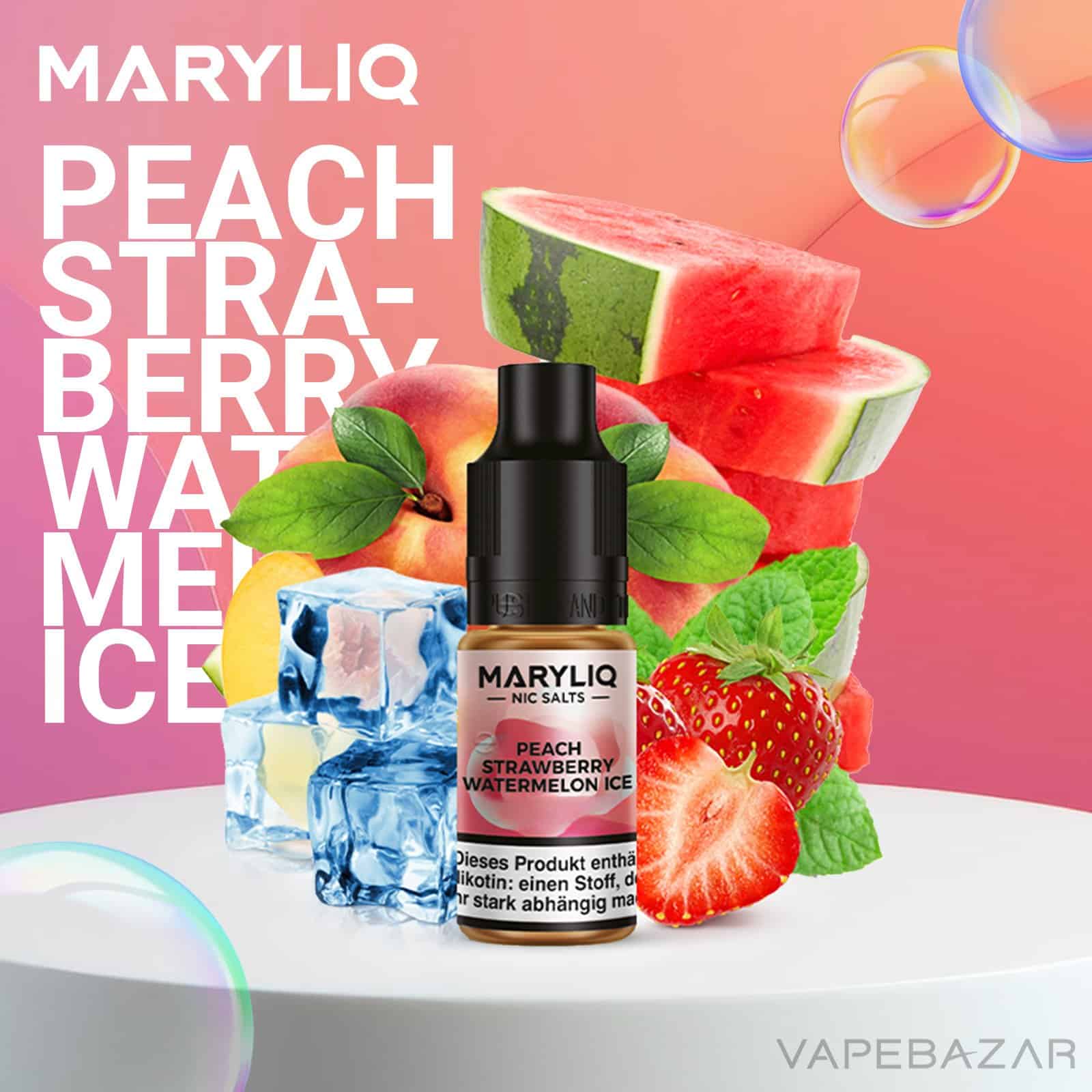 MARYLIQ by Lost Mary Nic Salt Peach Strawberry Watermelon Ice | Vapebazar Maryliq By Lost Mary - Nic Salt - Peach Strawberry Watermelon Ice - Vapebazar
