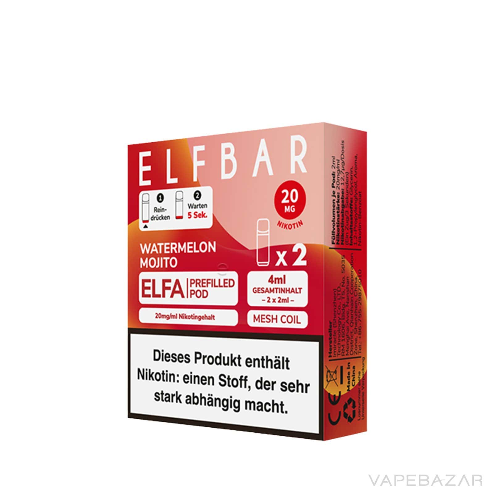 Elfa Pods Elf Bar Watermelon Mojito 3 | Vapebazar Elf Bar Elfa - Watermelon Mojito - 2Er Pack Prefilled Pod