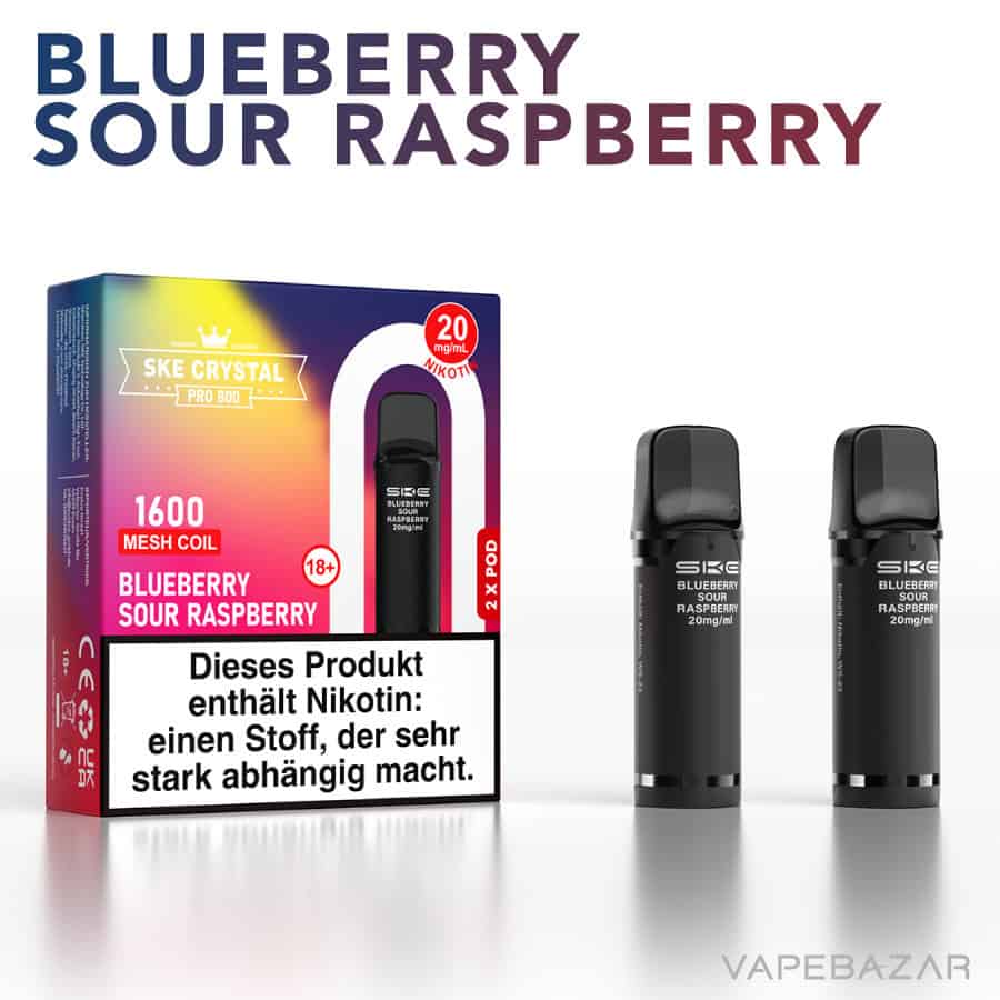 SKE Crystal Plus Pro 800 Prefilled Pods Blueberry Sour Raspberries 02 | Vapebazar Ske Crystal 800 Pro Pods - Blueberry Sour Raspberry (2Er Pack)