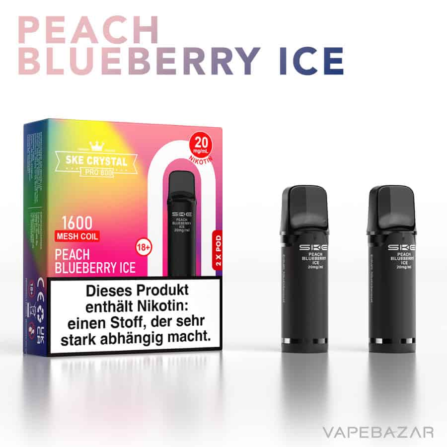 SKE Crystal Plus Pro 800 Prefilled Pods Peach Blueberry Ice 02 | Vapebazar Ske Crystal 800 Pro Pods - Peach Blueberry Ice (2Er Pack)