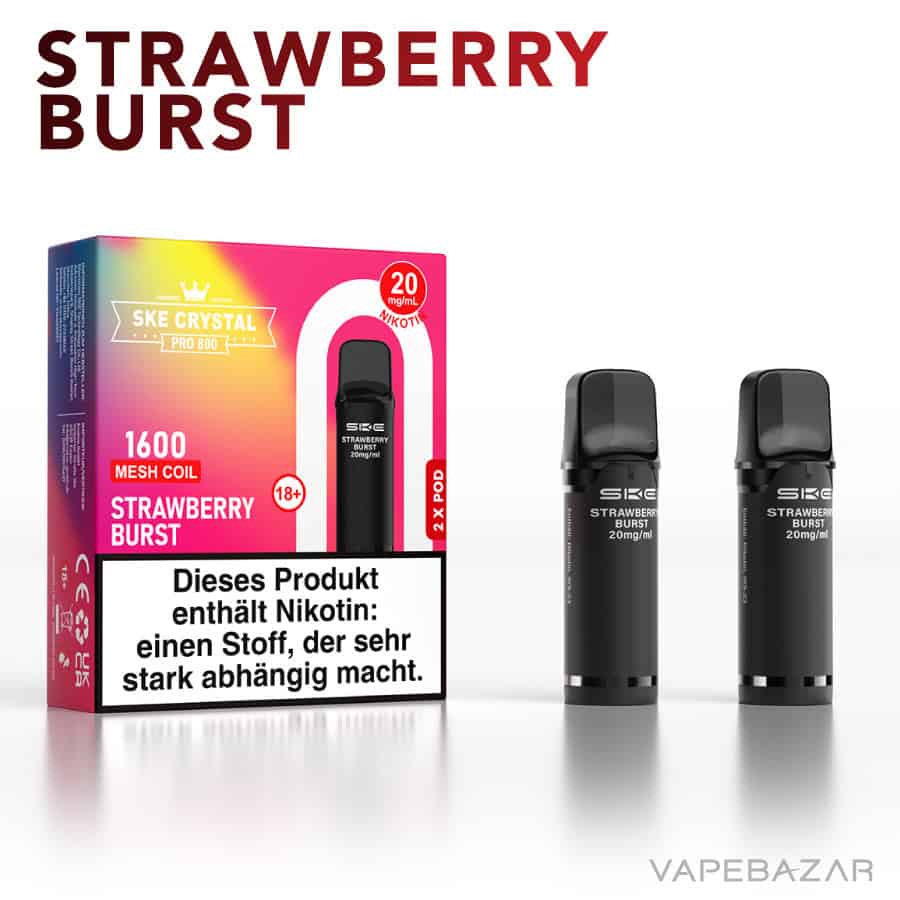 SKE Crystal Plus Pro 800 Prefilled Pods Strawberry Burst 02 | Vapebazar Ske Crystal 800 Pro Pods - Strawberry Burst (2Er Pack)