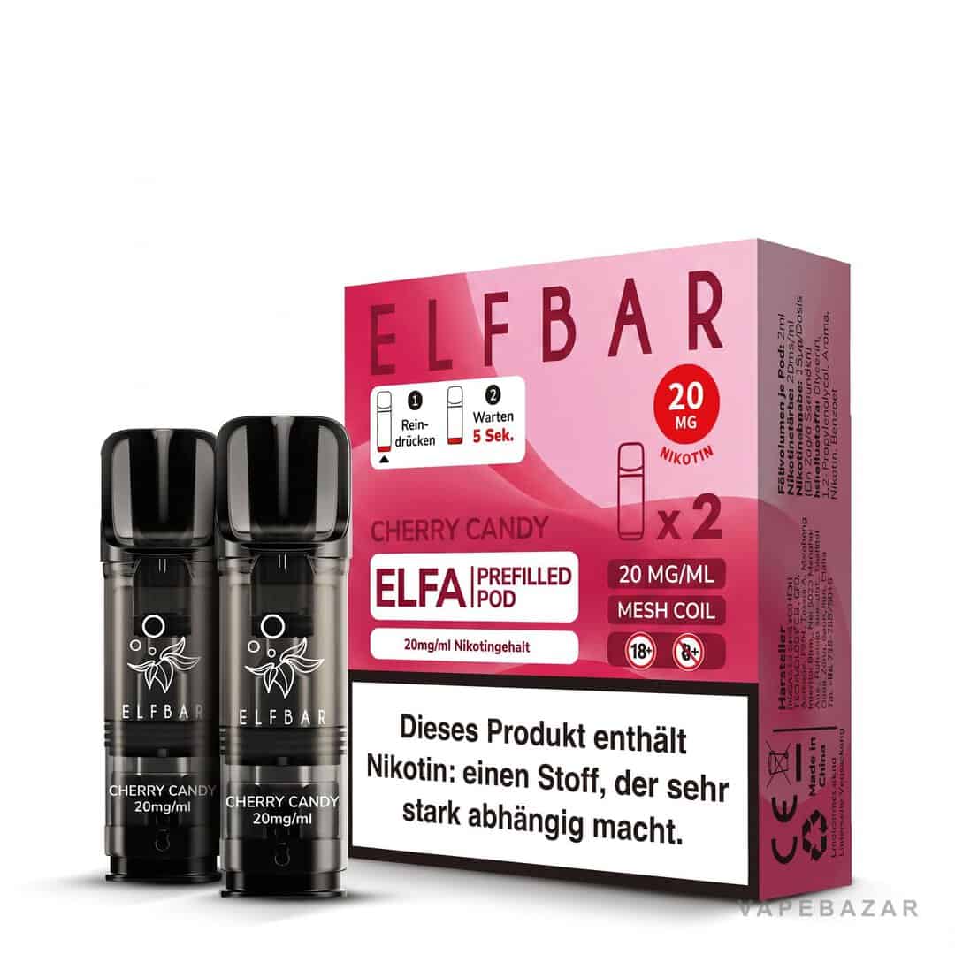 elfbar elfa pods cherry candy 20mg 3 | Vapebazar Elf Bar Elfa Pods Cherry Candy 20Mg – 2Er Pack, Verpackung Und Pods Produktansicht