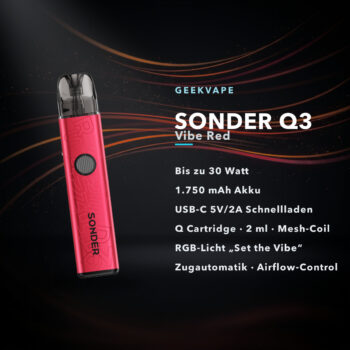 GeekVape Sonder Q3 Vibe Red – Pod-Kit mit RGB-Licht, 30 W, 1750 mAh