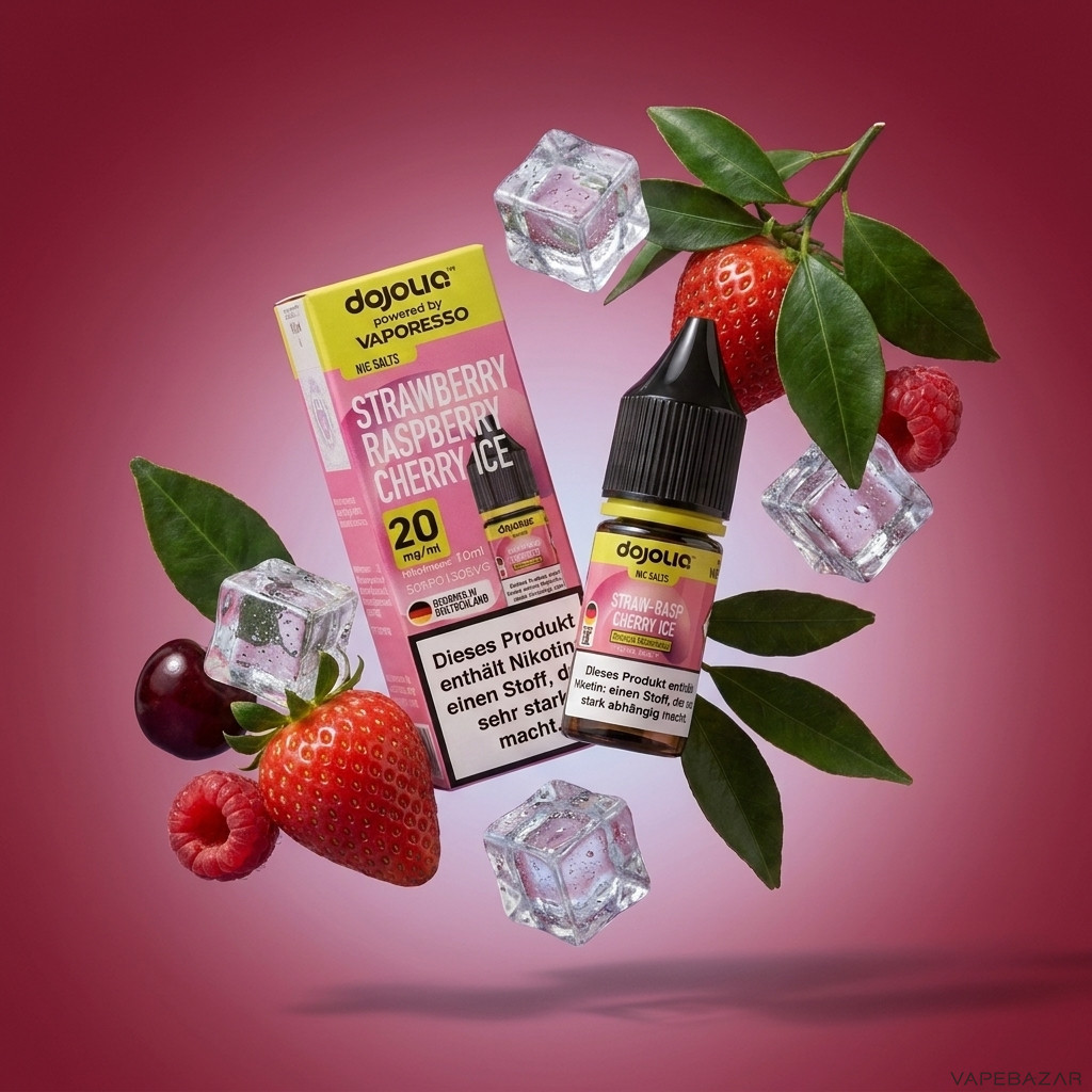 Dojoliq Strawberry Raspberry Cherry Ice Erstbild | Vapebazar Dojoliq – Strawberry Raspberry Cherry Ice – Nikotinsalz Liquid 10 Ml