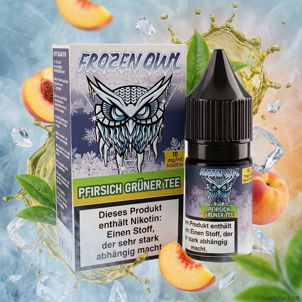 Frozen Owl NicSalt Pfirsich Gruener Tee Erstbild | Vapebazar Frozen Owl – Pfirsich Grüner Tee – Nikotinsalz Liquid 10 Ml