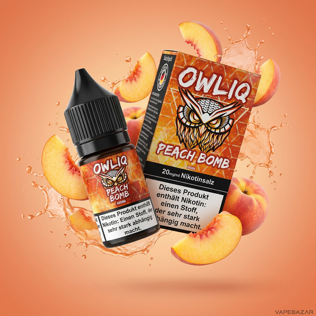 Owliq Peach Bomb Erstbild | Vapebazar Owliq Liquid – Peach Bomb – Nikotinsalz 10 Ml
