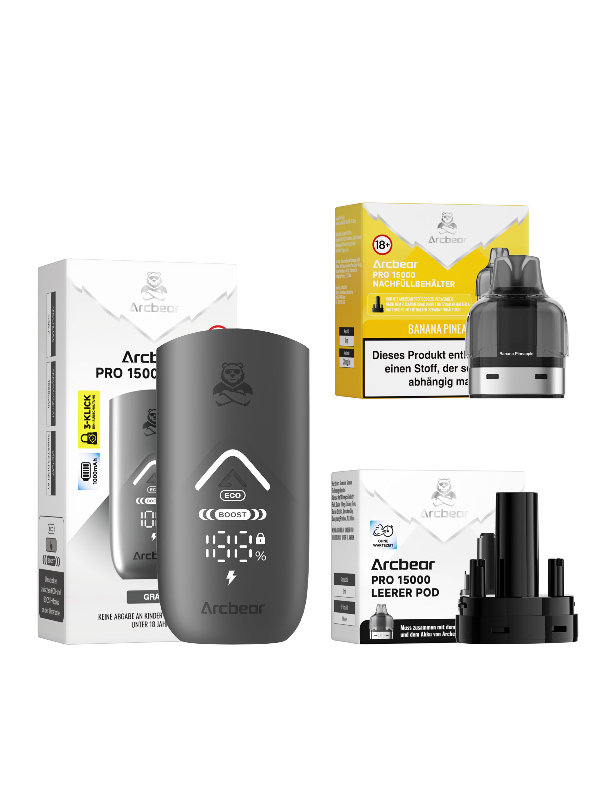 Set kleine Schachtel Banana Pineapple scaled | Vapebazar Arcbear Pro 15000 – Banana Pineapple – Starterkit Lieferumfang