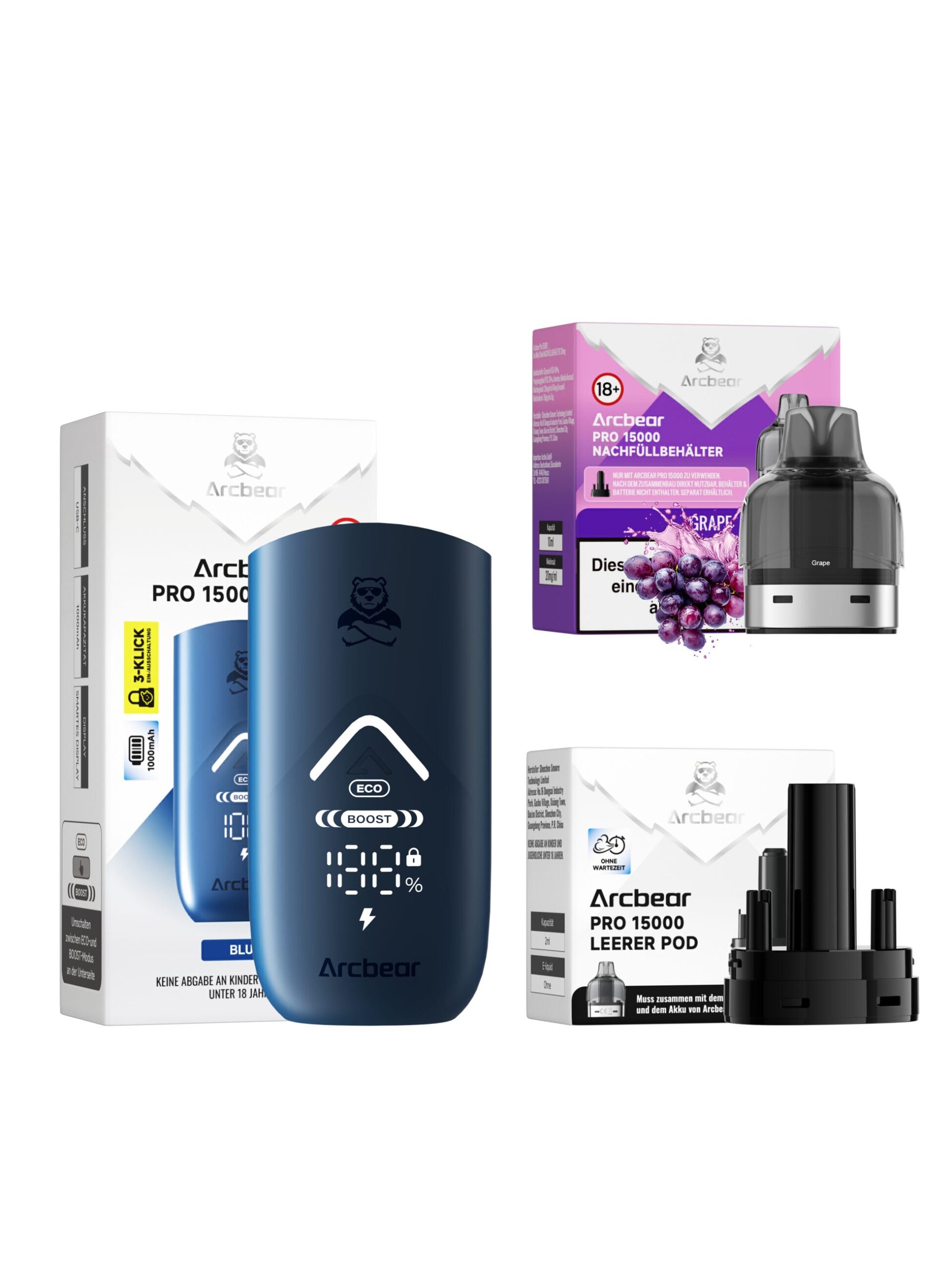 arcbear pro 15000 grape starterkit scaled | Vapebazar Arcbear Pro 15000 – Grape – Starterkit Lieferumfang