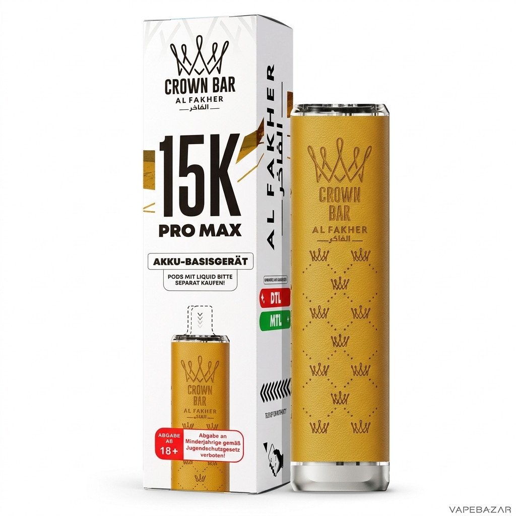 Al Fakher 15K Pro Max Basisgeraet Gelb Drittbild | Vapebazar Al Fakher Crown Bar 15K Pro Max Basisgeraet Gelb - Produktbild Auf Weiss