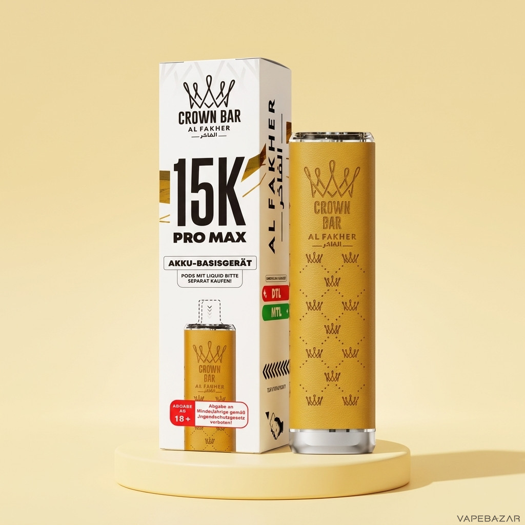 Al Fakher 15K Pro Max Basisgeraet Gelb | Vapebazar Al Fakher Crown Bar 15K Pro Max Basisgeraet In Gelb - Verpackung Und Geraet