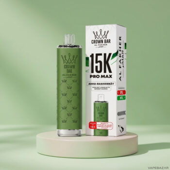 Al Fakher Crown Bar 15K Pro Max Basisgeraet in Grün - Verpackung und Geraet