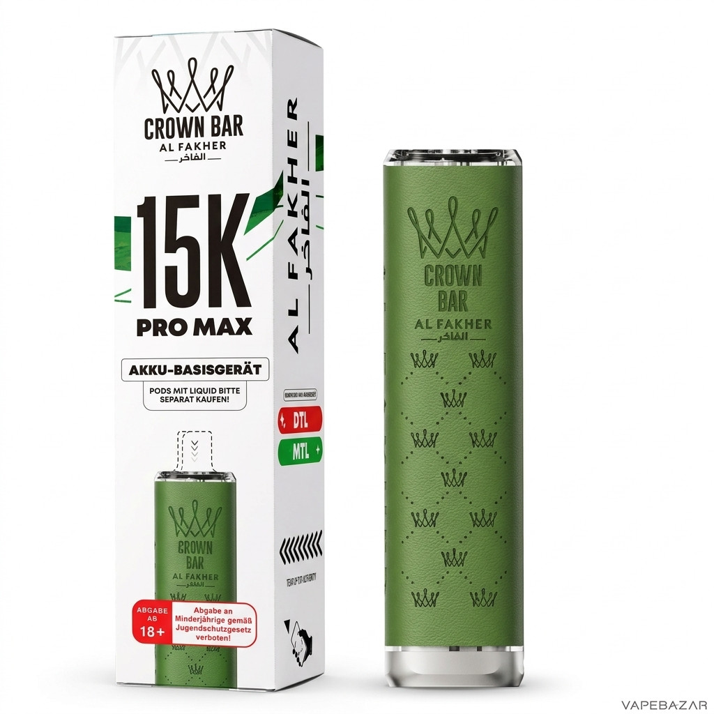 Al Fakher 15K Pro Max Basisgeraet Gruen Drittbild | Vapebazar Al Fakher Crown Bar 15K Pro Max Basisgeraet Grün - Produktbild Auf Weiss
