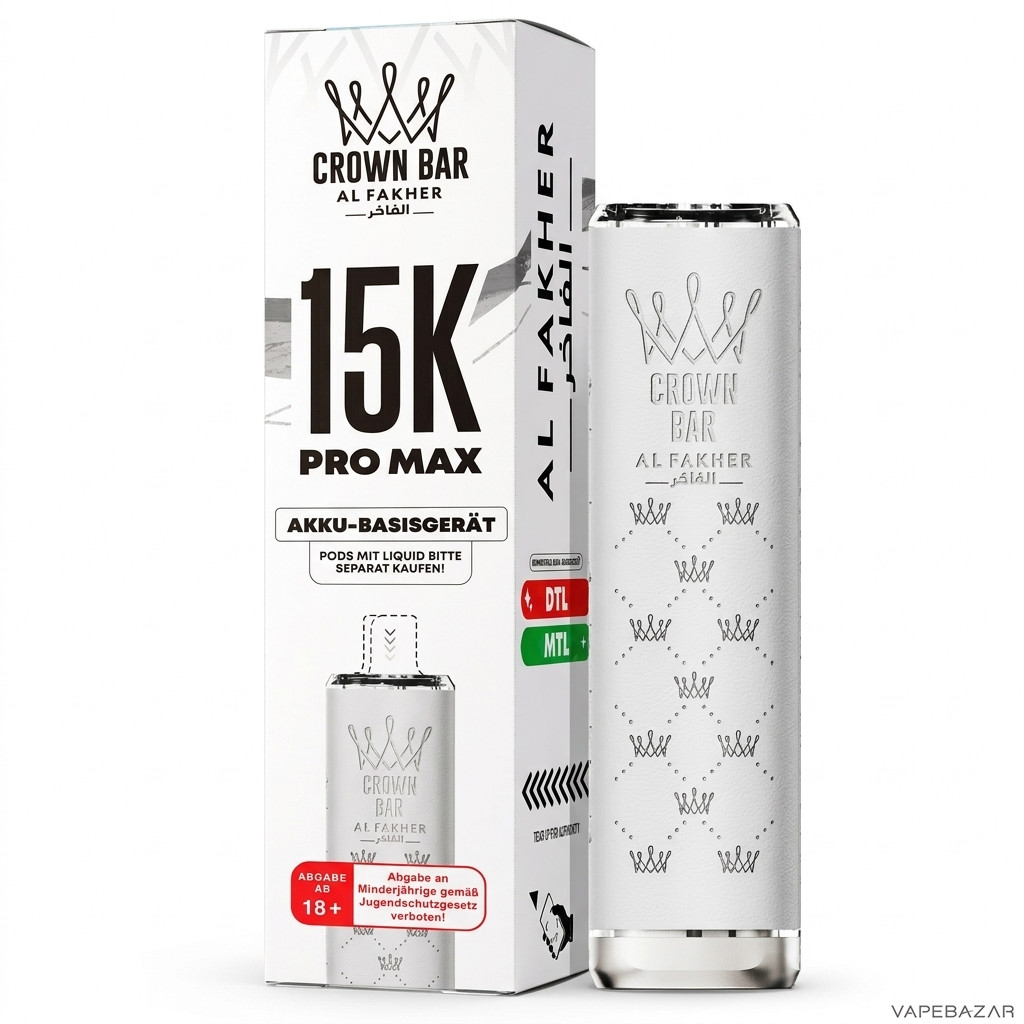 Al Fakher 15K Pro Max Basisgeraet Weiss Drittbild | Vapebazar Al Fakher Crown Bar 15K Pro Max Basisgeraet Weiß - Produktbild Auf Weiss