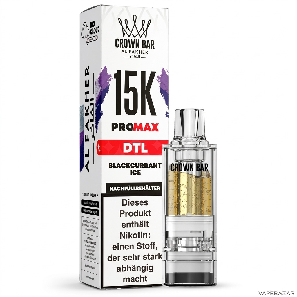 Al Fakher 15K Pro Max Blackcurrant Ice Drittbild | Vapebazar Al Fakher Crown Bar 15K Pro Max Pod Blackcurrant Ice - Produktbild Auf Weiss