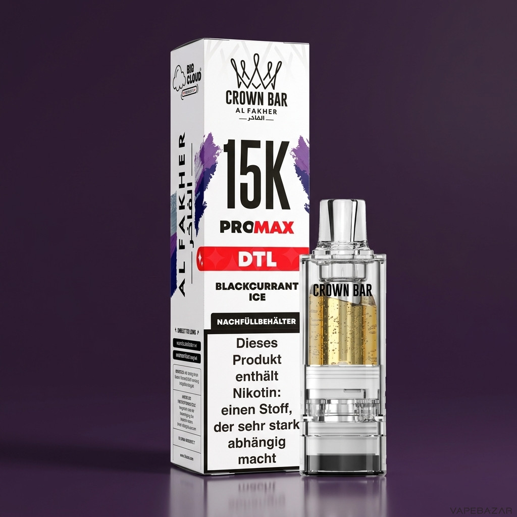 Al Fakher 15K Pro Max Blackcurrant Ice Zweitbild | Vapebazar Al Fakher Crown Bar 15K Pro Max Pod Blackcurrant Ice - Detailansicht