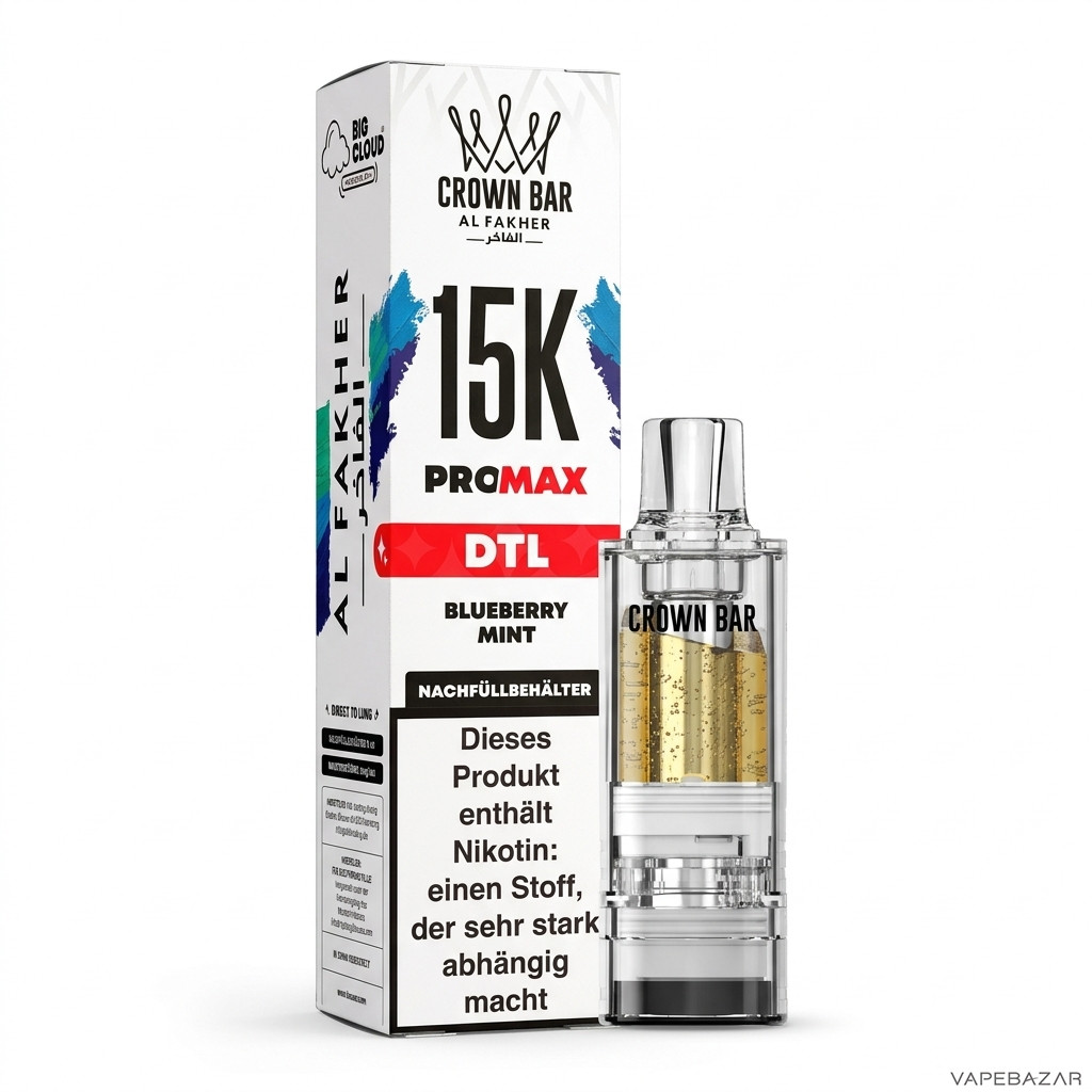 Al Fakher 15K Pro Max Blueberry Mint Drittbild | Vapebazar Al Fakher Crown Bar 15K Pro Max Pod Blueberry Mint - Produktbild Auf Weiss
