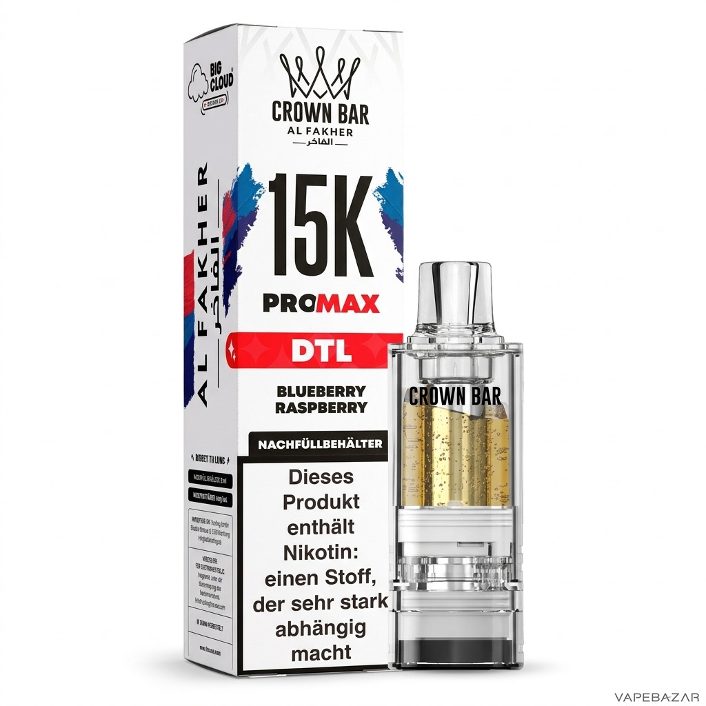 Al Fakher 15K Pro Max Blueberry Raspberry Drittbild | Vapebazar Al Fakher Crown Bar 15K Pro Max Pod Blueberry Raspberry - Produktbild Auf Weiss