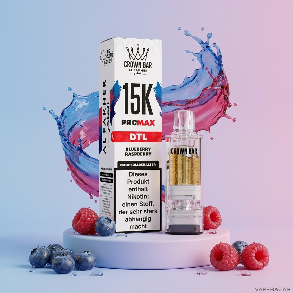 Al Fakher 15K Pro Max Blueberry Raspberry | Vapebazar Al Fakher Crown Bar 15K Pro Max Pod Blueberry Raspberry - Verpackung Und Nachfuellbehaelter