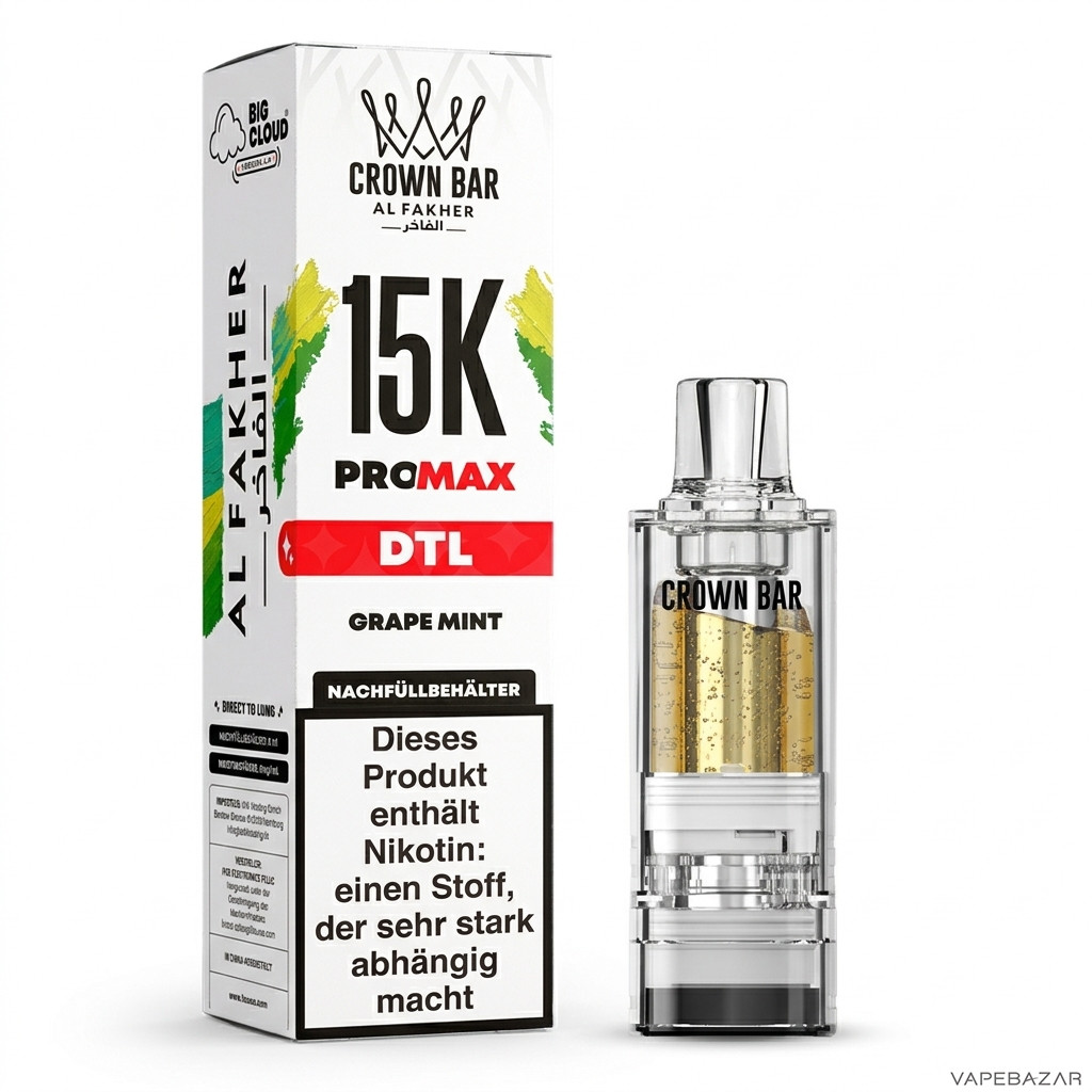 Al Fakher 15K Pro Max Grape Mint Drittbild | Vapebazar Al Fakher Crown Bar 15K Pro Max Pod Grape Mint - Produktbild Auf Weiss