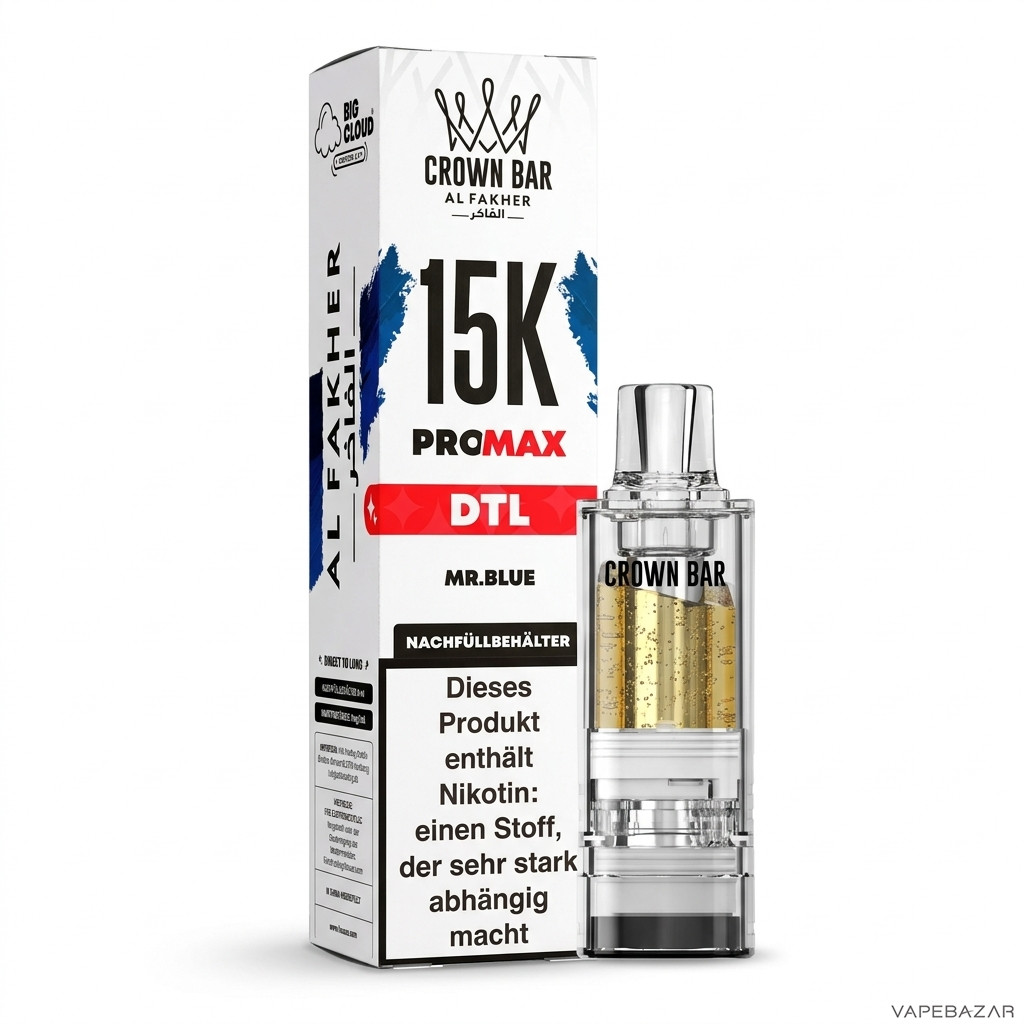 Al Fakher 15K Pro Max Mr Blue Drittbild | Vapebazar Al Fakher Crown Bar 15K Pro Max Pod Mr. Blue - Produktbild Auf Weiss