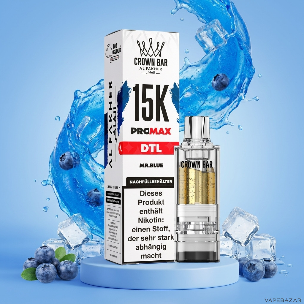 Al Fakher 15K Pro Max Mr Blue | Vapebazar Al Fakher Crown Bar 15K Pro Max Pod Mr. Blue - Verpackung Und Nachfuellbehaelter