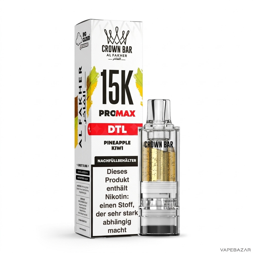 Al Fakher 15K Pro Max Pineapple Kiwi Drittbild | Vapebazar Al Fakher Crown Bar 15K Pro Max Pod Pineapple Kiwi - Produktbild Auf Weiss