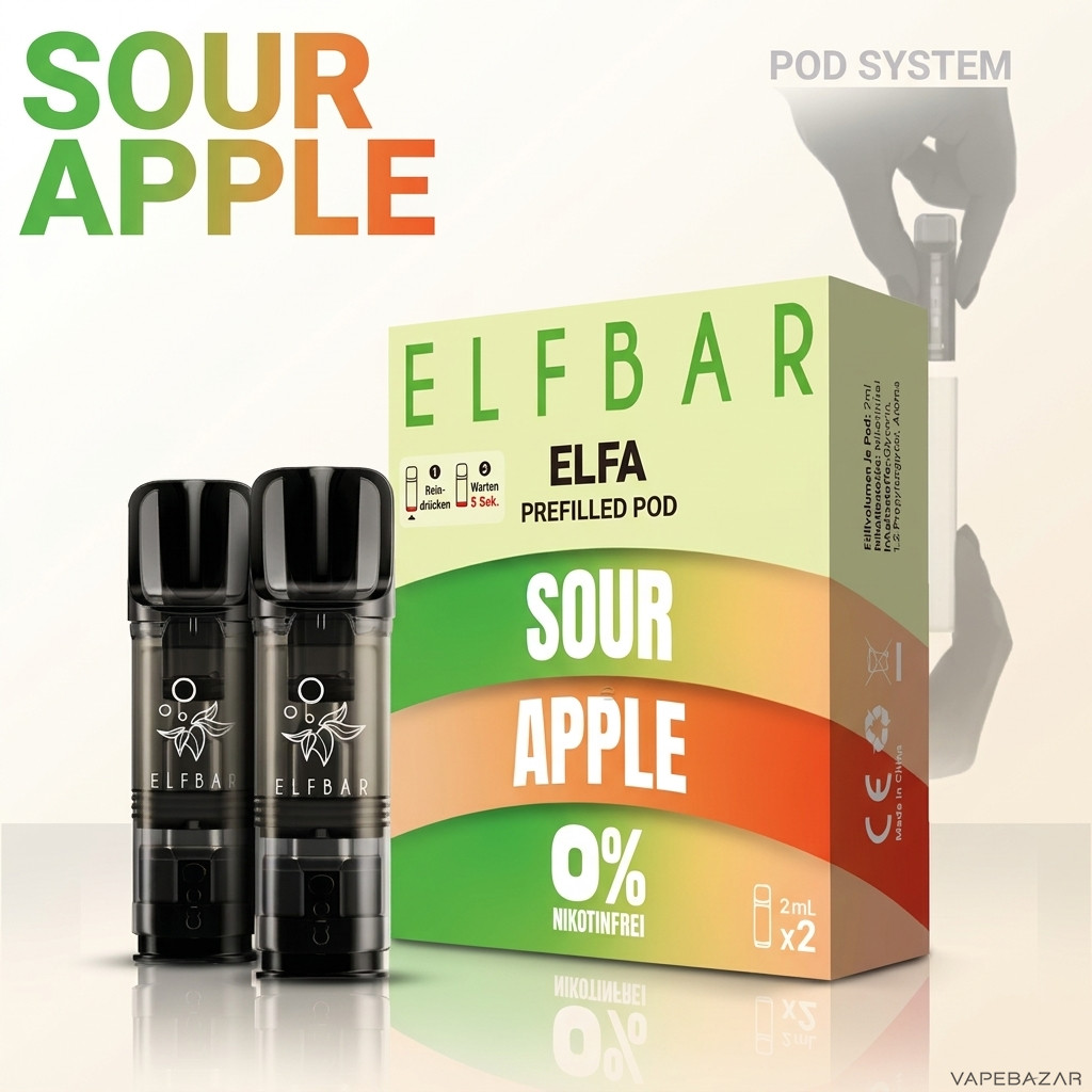 Elfa Pods Nikotinfrei Sour Apple Zweitbild | Vapebazar Elfbar Elfa Pods Nikotinfrei – Sour Apple – Rückseite