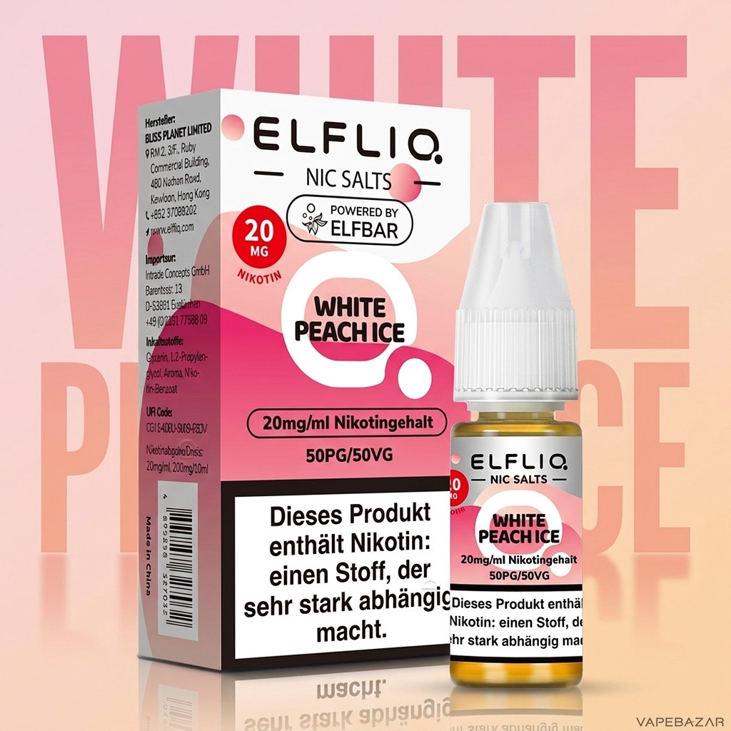 Elfliq White Peach Ice Zweitbild | Vapebazar Elfliq White Peach Ice Liquid - Verpackung Und Flasche