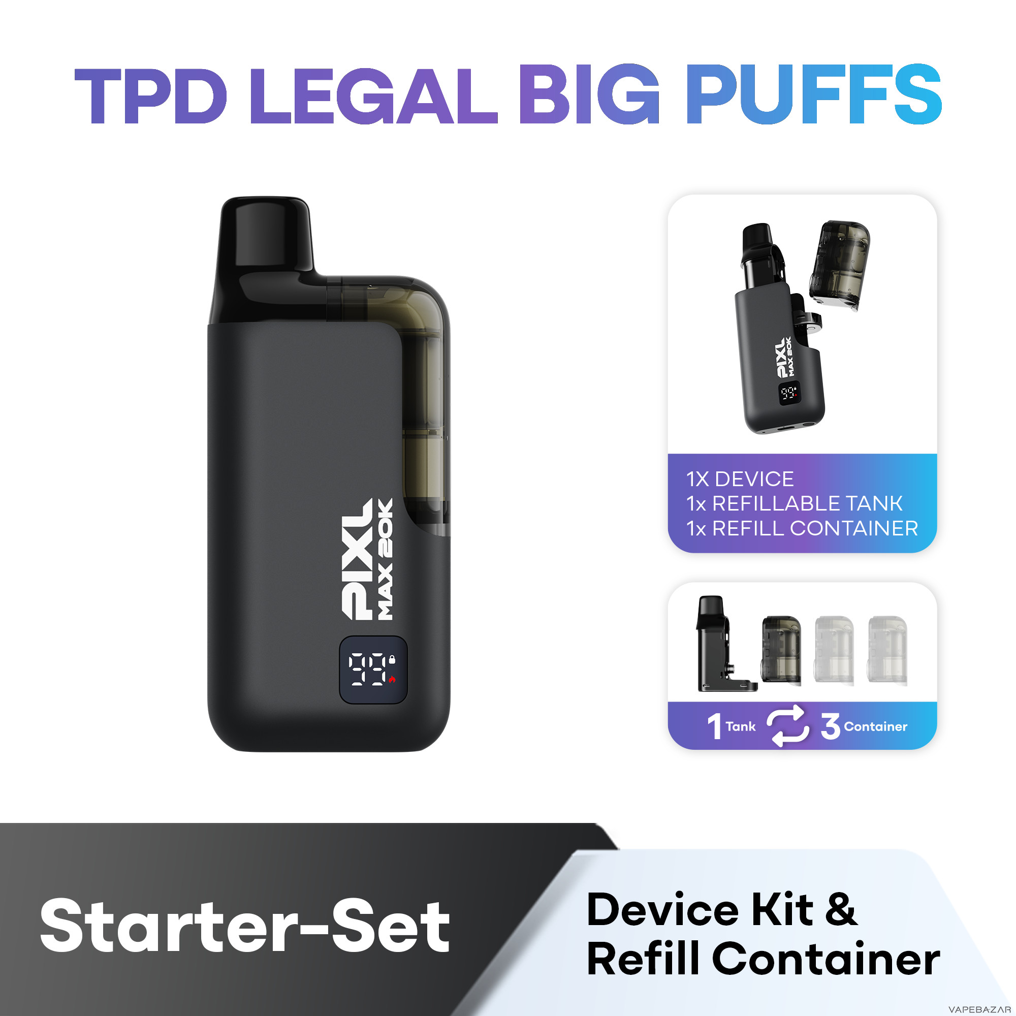 Pixl Max Now Black set | Vapebazar Pixl Max 20K Now Basisgeraet – Black – Lieferumfang