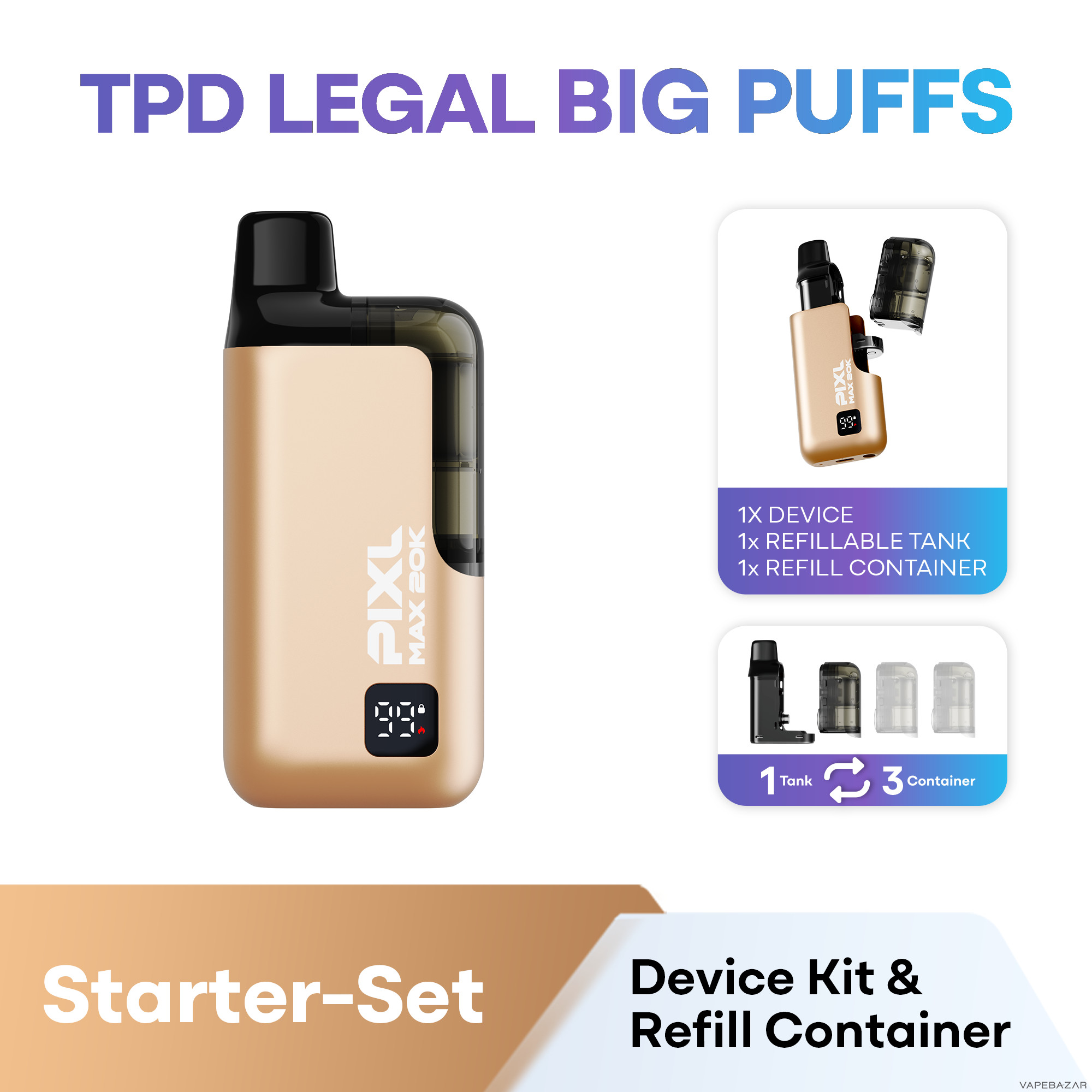 Pixl Max Now Gold set | Vapebazar Pixl Max 20K Now Basisgeraet – Gold – Lieferumfang