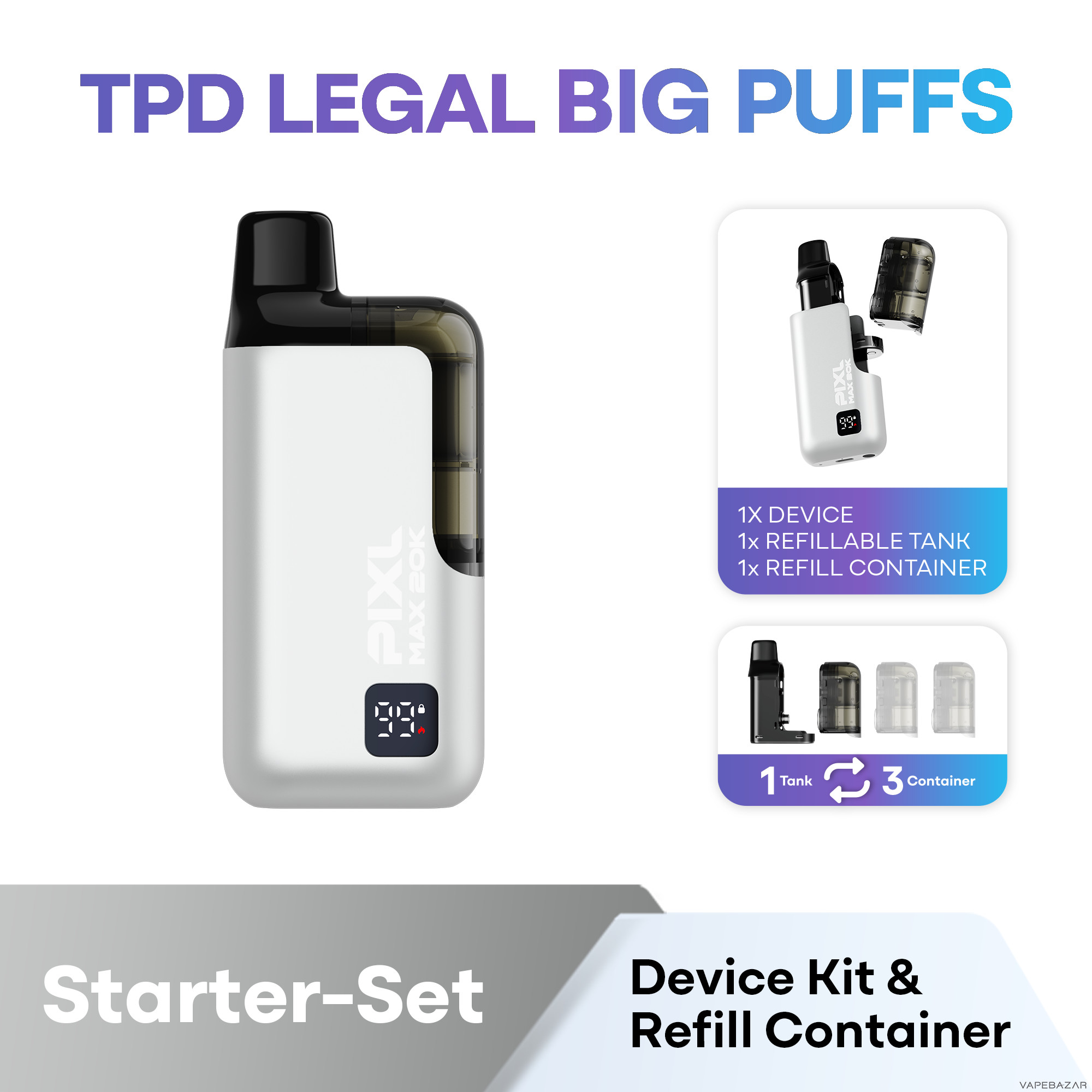 Pixl Max Now Sliver set | Vapebazar Pixl Max 20K Now Basisgeraet – Silver – Lieferumfang
