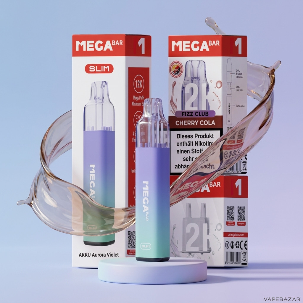 Megabar 12K Starter Kit Cherry Cola | Vapebazar Megabar Slim 12K Starter Kit Cherry Cola - Akkutraeger Aurora Violet Mit Verpackung