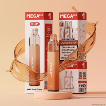 MegaBar Slim 12K Starter Kit Lychee Ice Tea - Akkutraeger Sunset Orange mit Verpackung
