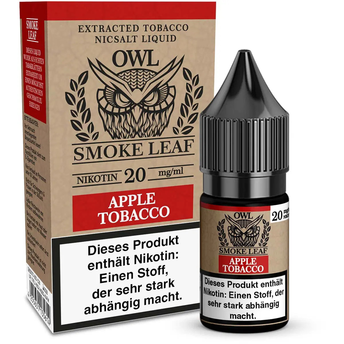 OWL Smoke Leaf Apple Tobacco Drittbild | Vapebazar Owl Smoke Leaf Apple Tobacco - Flasche Mit Verpackung