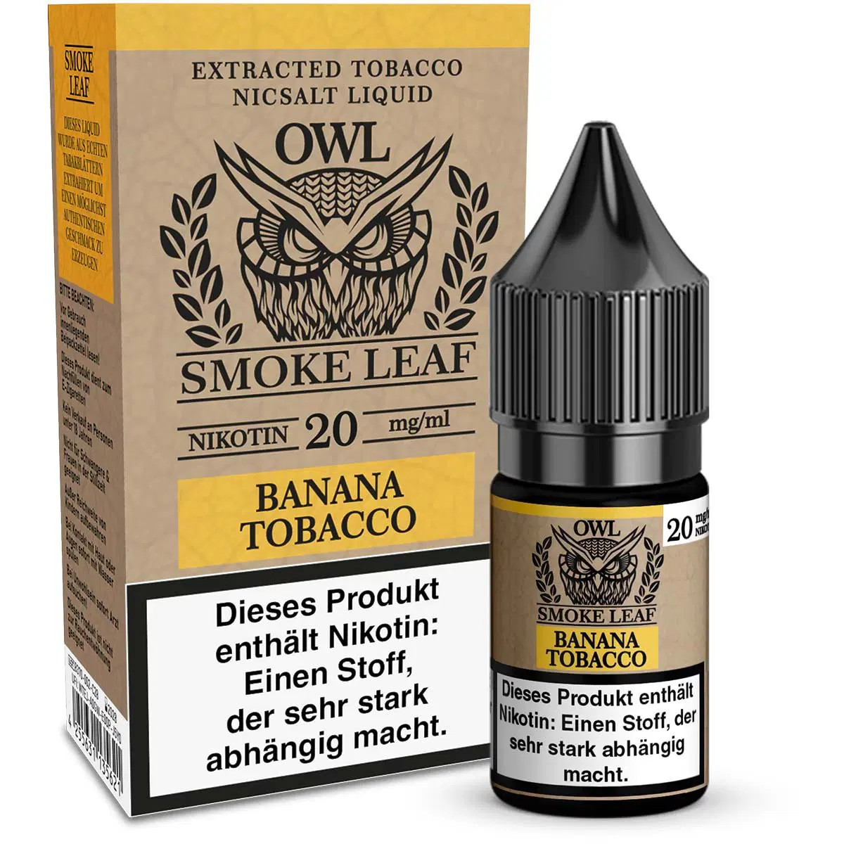 OWL Smoke Leaf Banana Tobacco Drittbild | Vapebazar Owl Smoke Leaf Banana Tobacco - Flasche Mit Verpackung