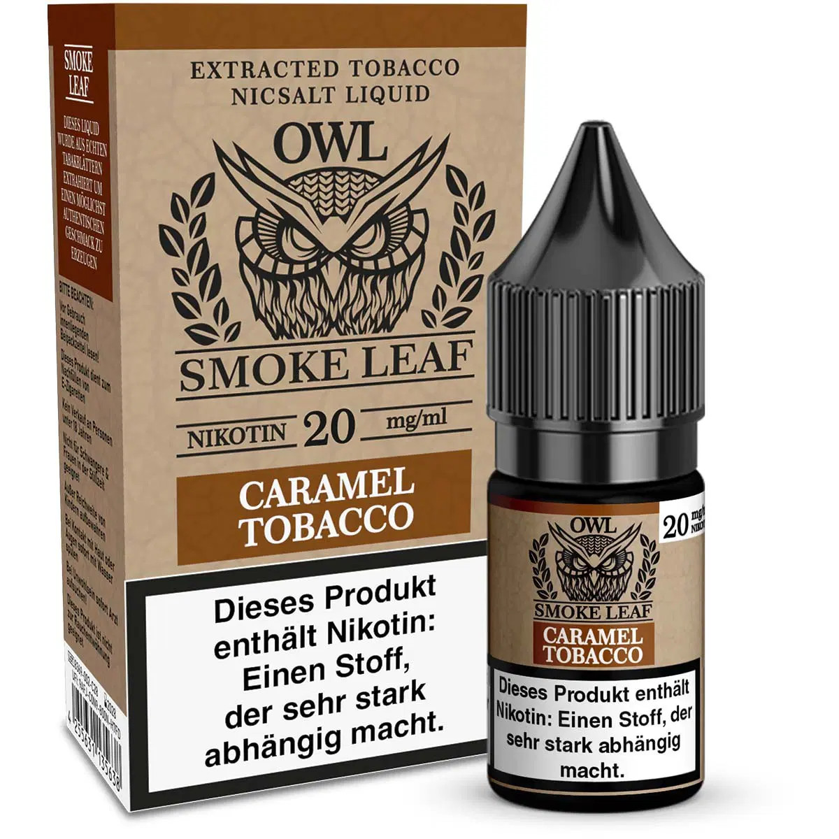 OWL Smoke Leaf Caramel Tobacco Drittbild | Vapebazar Owl Smoke Leaf Caramel Tobacco - Flasche Mit Verpackung