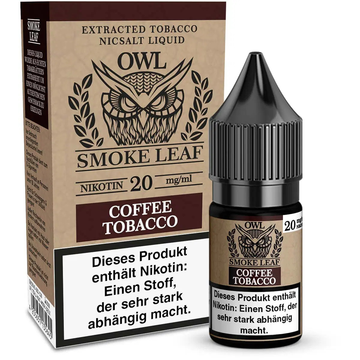 OWL Smoke Leaf Coffee Tobacco Drittbild | Vapebazar Owl Smoke Leaf Coffee Tobacco - Flasche Mit Verpackung