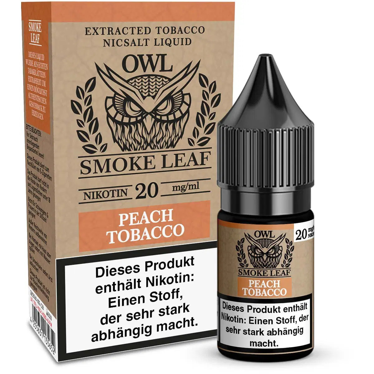 OWL Smoke Leaf Peach Tobacco Drittbild | Vapebazar Owl Smoke Leaf Peach Tobacco - Flasche Mit Verpackung