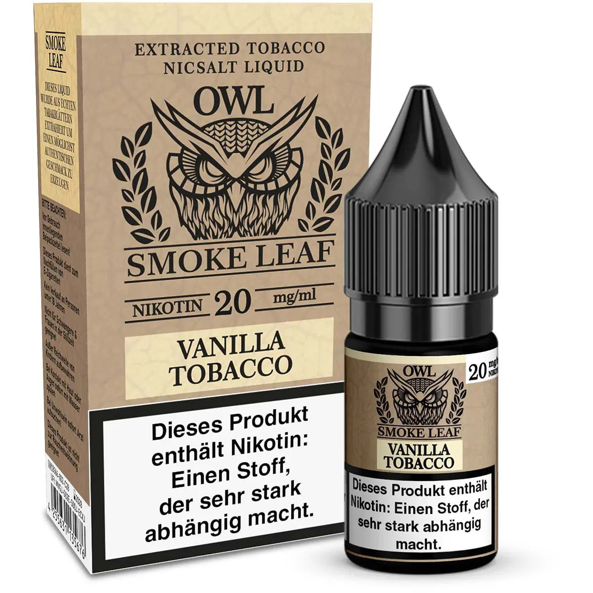 OWL Smoke Leaf Vanilla Tobacco Drittbild | Vapebazar Owl Smoke Leaf Vanilla Tobacco - Flasche Mit Verpackung